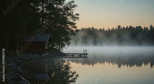 Misty morning at a lake cabin. Dark trees line the shore. A small wooden cabin and dock reflect on the still water