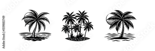 Tropical paradise beach with palm tree vector illustration at sunset silhouette design set