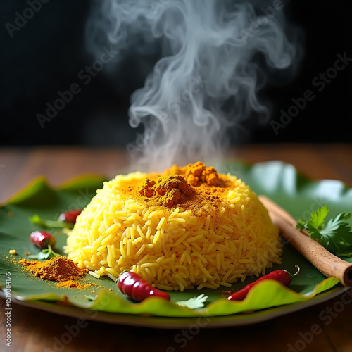 Steaming Ega rice served on banana leaf with spices.