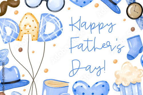 Man face horizontal border frame greeting card. Happy father day. Hand drawn watercolor illustration on isolated background
