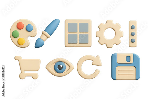 Cart Customization Icons. 3D icons set of cart customization options: color palette, paint brush, template grid, cog settings,
