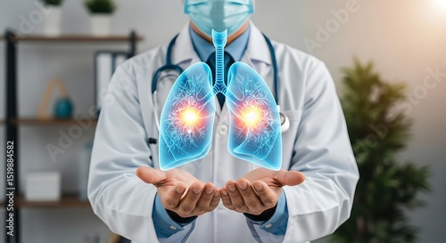 Doctor holding glowing lungs visualizing respiratory health and medicine concept