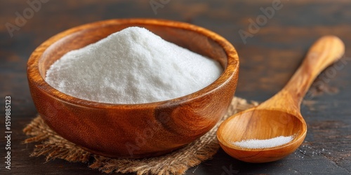 A High Resolution image of isomalt powder in wooden bowl with spoon. Sweetener food additive E963, a sugar substitute disaccharide alcohol. Confectionery ingredient. Low-calorie.
