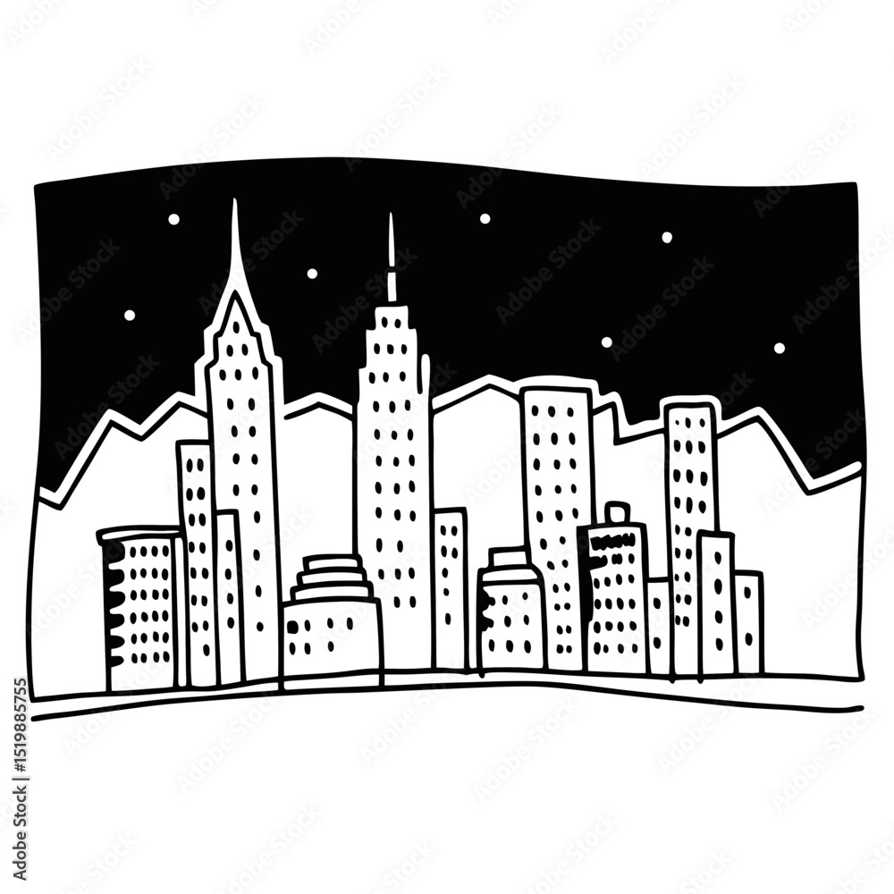 Fototapeta premium Skyline Illustration Cityscape Vector Buildings Night Cityscape