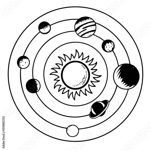 Solar System Line Art Black and White Planets and Sun Illustration