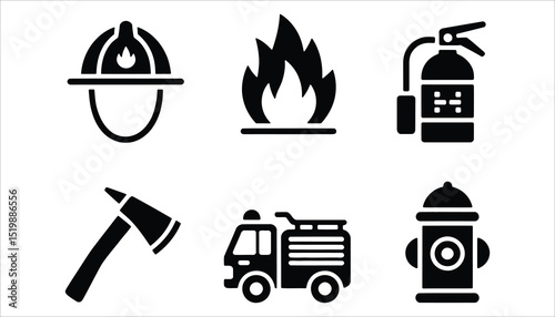 Firefighter Icon Set with Fire Helmet, Extinguisher, Axe, and Truck

