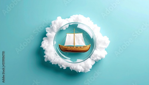 Conceptual art of hope preservation with ark resting on clouds in glass dome on pastel blue background
