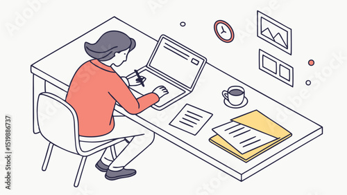Woman working from home illustration vector graphic design freelance designer laptop desk workspace vector art