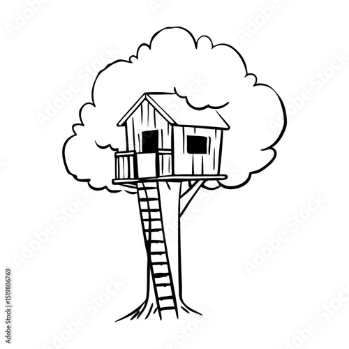 Treehouse Illustration Black and White Outline Vector Graphic