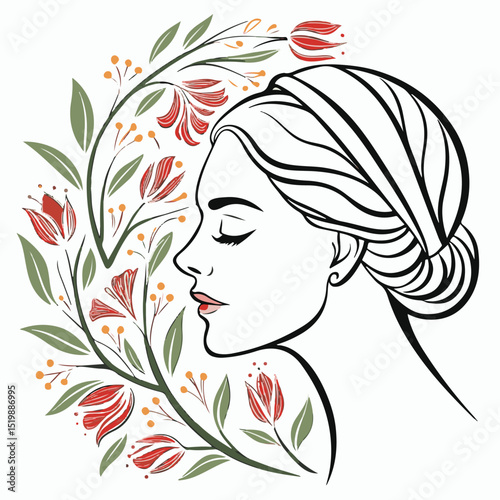 This delicate line art of a woman with floral elements in her hair reflects softness, style, and natural charm, perfect for beauty and wellness visuals.