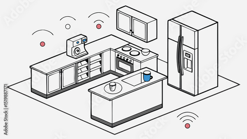 Isometric smart kitchen design with appliances refrigerator oven coffee maker and wifi connectivity concept