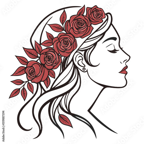 A floral-themed portrait sketch of a woman with decorative flower crown, symbolizing beauty and nature, perfect for feminine and botanical designs.