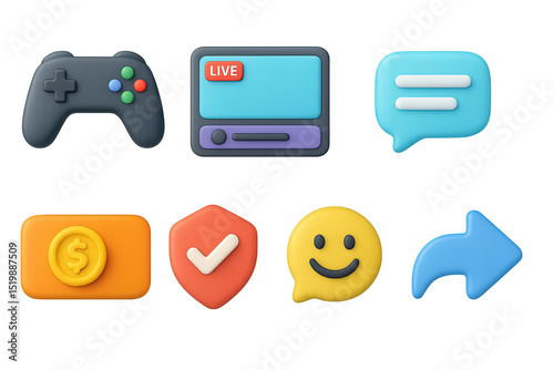 Game Streaming Icon Set. 3D icon set of game streaming interfaces: game controller, streaming overlay, chat window, viewer count,