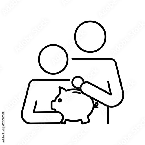 Vector illustration of family money saving icon. Man putting a coin into a piggy bank. Financial planning for family