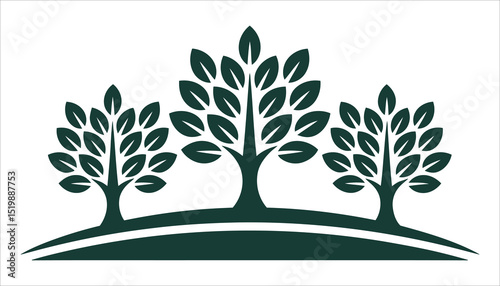 Green Tree Vector Illustration with Leaves and Hill Landscape
