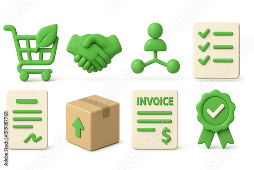 Green Procurement Icons. 3D icons set of green procurement: shopping cart with leaf, vendor handshake, supplier network, checklist