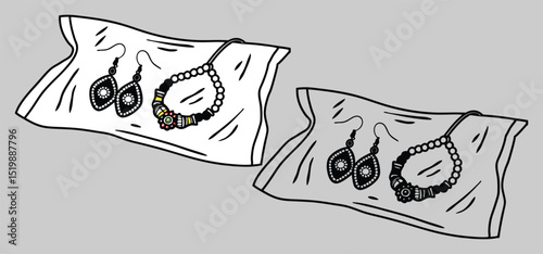 Detailed line art illustration of ethnic beaded earrings and necklace displayed on a white surface.