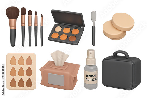 Makeup Artist Tools. 3D icon set of professional makeup artist tools: large brush set, palette with pans, mixing spatula,