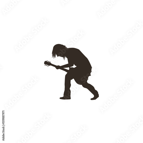 Guitarist silhouette energetic performance rock music passion black and white illustration vector