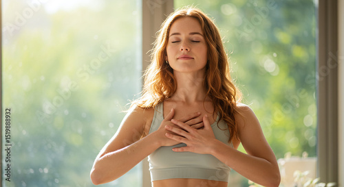 Mindful woman practicing deep breathing in serene environment