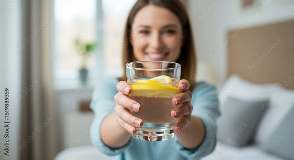 Woman offers drink with lemon at home. Well-being and healthy lifestyle concept Woman offers drink with lemon at home. Well-being and healthy lifestyle concept
