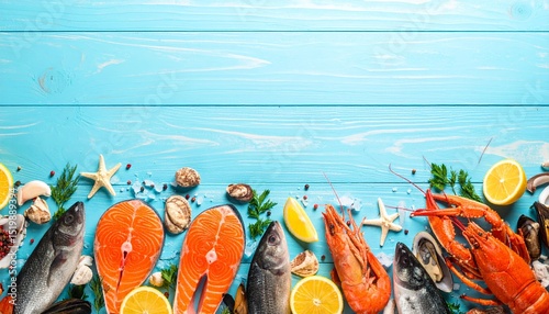 Vibrant Seafood Display on Blue Wooden Surface with Ample Copy Space