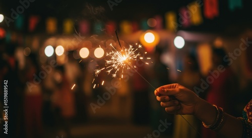 Sparkler held by hand at night festival. Blurred background of people and lights