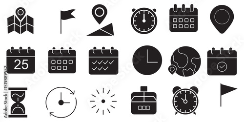 Time, date and address line icons set. Editable stroke for mobile and web. Isolated on white background. Vector illustration.