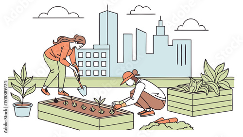 Urban gardening rooftop garden women planting vegetables in raised beds diy gardening city skyline view