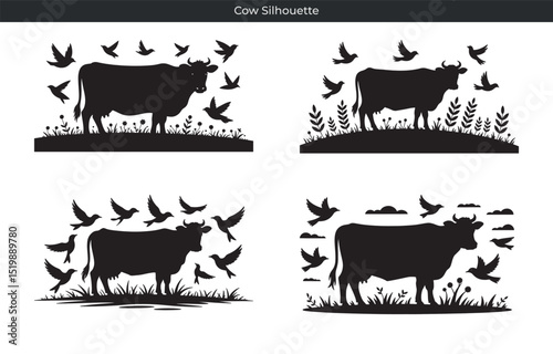 Silhouette collection of cows with birds and nature elements in simple black and white style