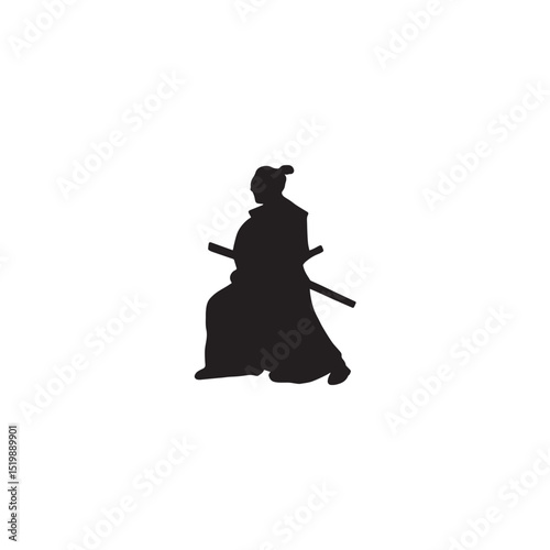 Silhouette of a japanese samurai warrior with katana swords ready for battle