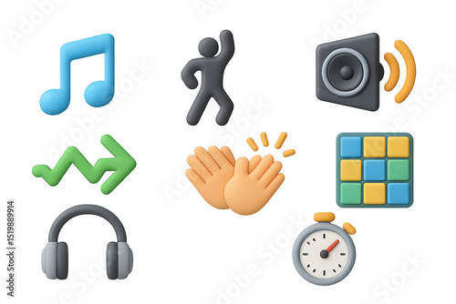 Music and Dance Icons. 3D icons set of healthy music and dance breaks: musical note, dancing silhouette, speaker, headphones,
