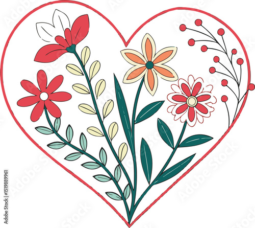 Colorful heart composition filled with delicate florals and leaves, ideal for invitations and love-themed artwork.