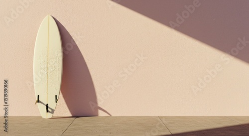 Surfboard leaning against a pale pink wall.  Sunlight casts a shadow