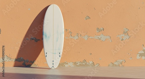 Surfboard leaning against a weathered wall