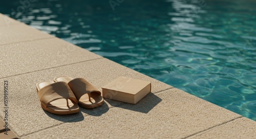Tan sandals and a neutral-colored box by a pool