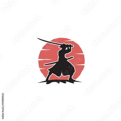 Silhouette of a samurai warrior with swords against a red sun background