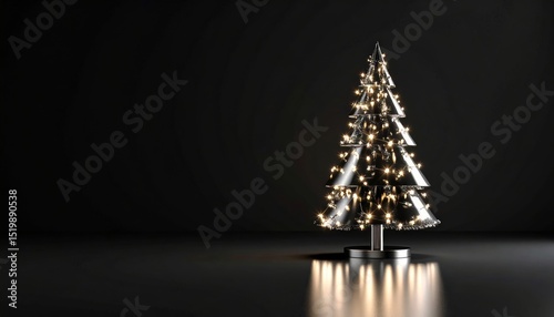 Elegant Metallic Christmas Tree with Glowing Lights on Dark Background