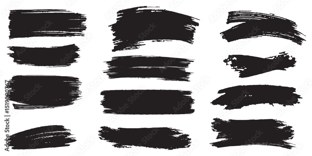 Vector brush streaks pack marker ink strokes grunge. Collection of vector paint bold brush strokes, hand drawn thick grunge lines and rectangle shapes modern grunge. Ink brush stroke set, black grunge