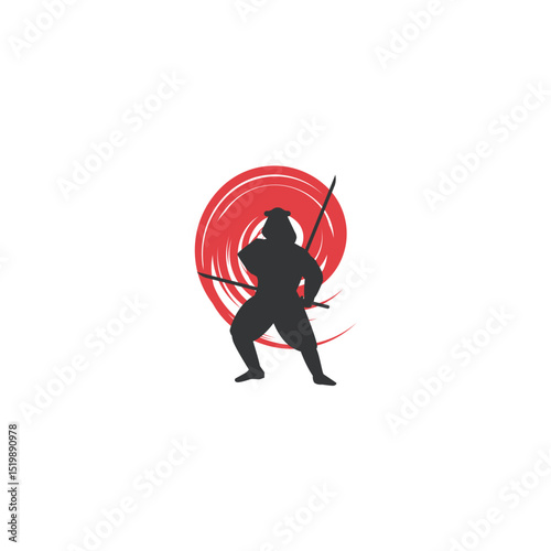 Silhouette of a samurai warrior with dual swords against red circular backdrop