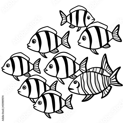 Cluster of Tropical Fish Species in Line Drawing
