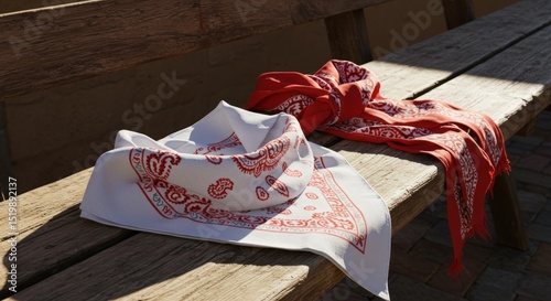 Two patterned bandanas, red and white, rest on a weathered wooden park bench.  Sunlight highlights the textures