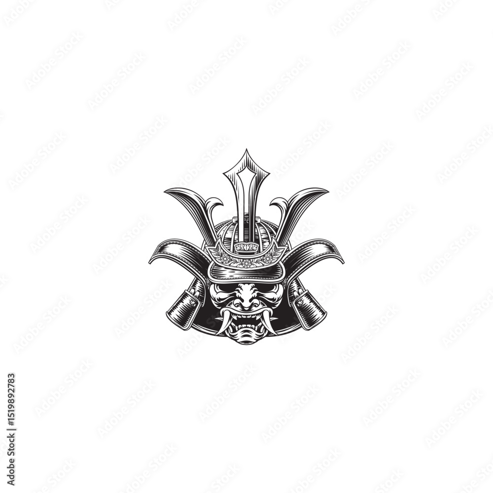 Obraz premium Engraved samurai mask and helmet illustration black and white oriental warrior concept