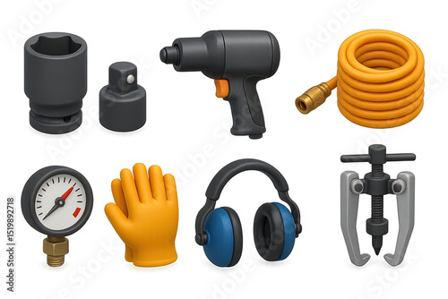 3D Tool Icon Set. 3D icons set of drive-through impact sockets: hex impact socket, ratchet adapter, pneumatic wrench, air hose,