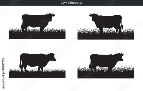 Black cow silhouettes on green grass representing farm animals and grazing concepts