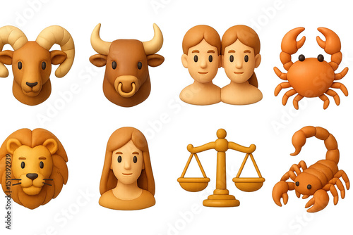 Zodiac Icon Set. 3D icons set of zodiac and astrology: Aries ram, Taurus bull, Gemini twins, Cancer crab, Leo lion, Virgo maiden,