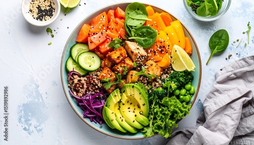 Vibrant and Nutritious Buddha Bowl Flat Lay with Colorful Vegetables