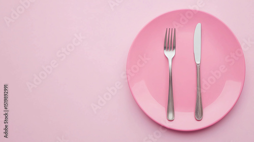A pink plate with a fork and knife placed neatly on it, set against a matching pink background.