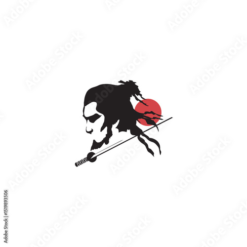 Silhouette of samurai warrior with sword and japanese rising sun symbol