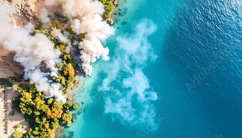 Aerial View of Smoke Rising from Sinai Coastline with Turquoise Sea